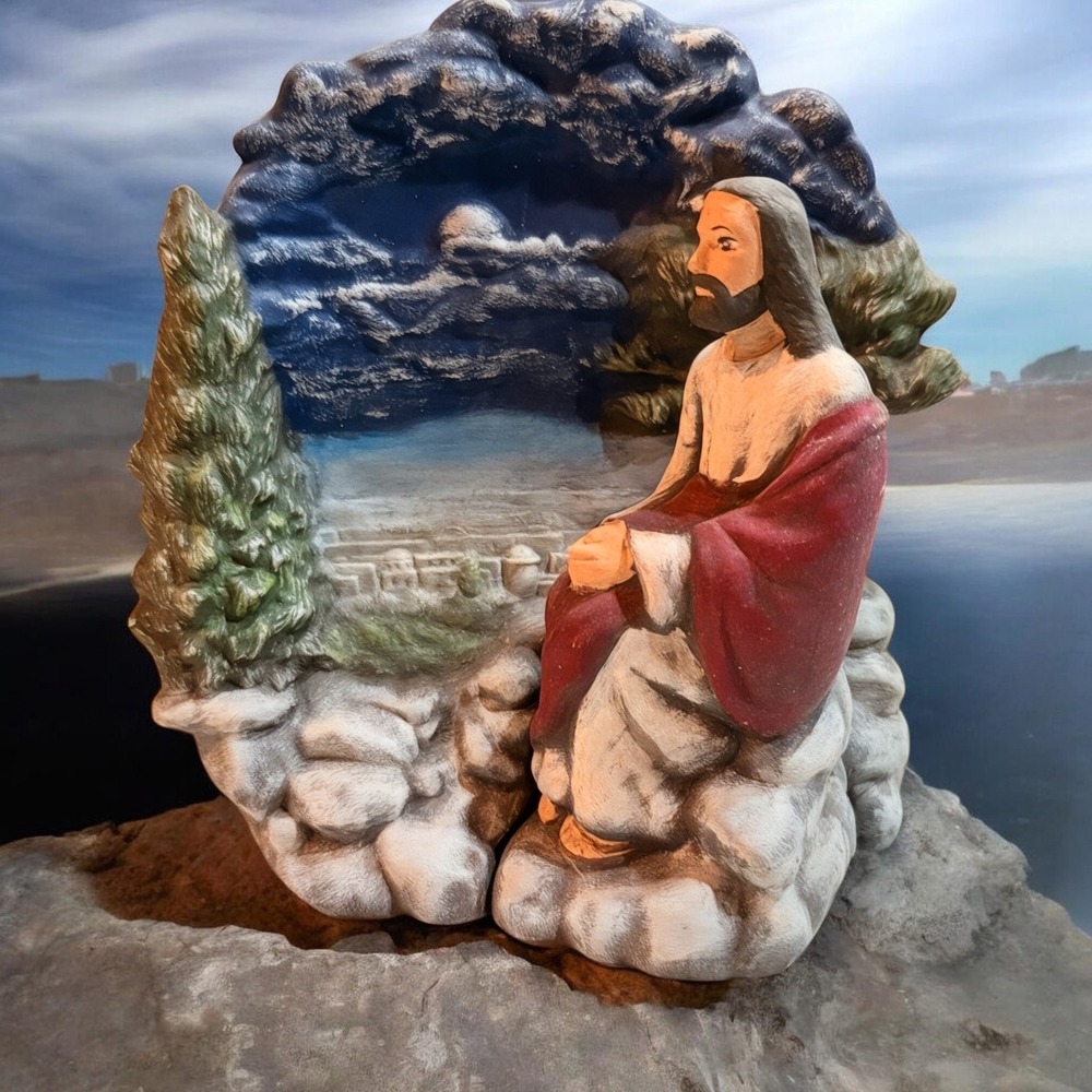 Vintage Jesus Overlooking Jerusalem Ceramic Diorama Hand Painted 2 Piece Set